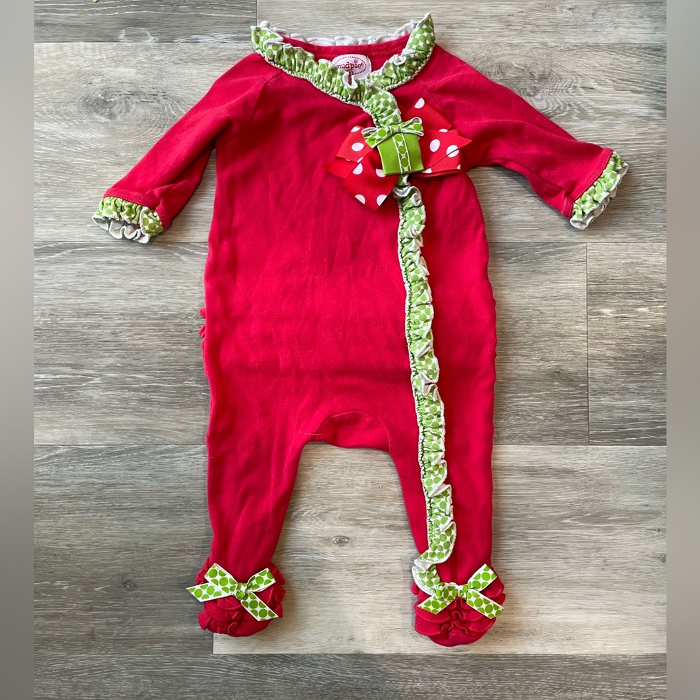 Mud Pie Christmas Ruffled Onesie Outfit size 0-6 months Red & Green